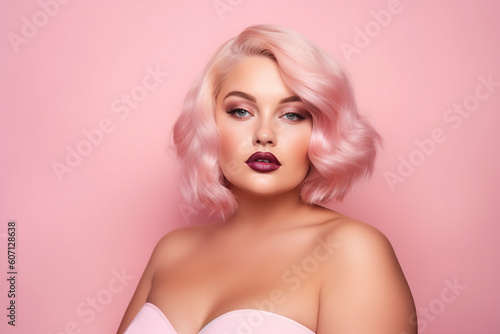 Portrait of a beautiful plus size model with pink hair on a pink background. AI