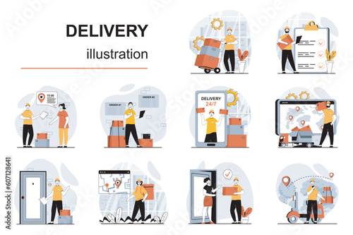 Delivery service concept with character situations mega set. Bundle of scenes people loading boxes at warehouse, delivering parcels to clients, fast shipping. Vector illustrations in flat web design