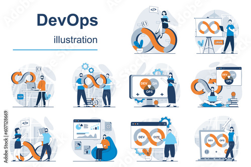 DevOps concept with character situations mega set. Bundle of scenes people working on operations process, programming software, using agile project management. Vector illustrations in flat web design