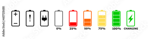 Smartphone Battery status icon. Full charge or low charge sign. Cellphone battery power symbol. Phone battery level indicator symbol. Charging vector sign. 