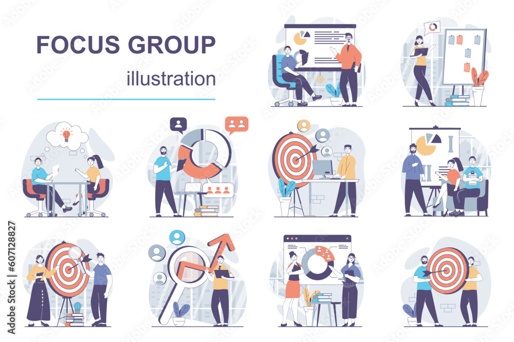 Focus group concept with character situations mega set. Bundle of scenes people collecting data, analyzing market trends, creates targeting to promote business. Vector illustrations in flat web design Focus group concept with character situations mega set. Bundle of scenes people collecting data, analyzing market trends, creates targeting to promote business. Vector illustrations in flat web design