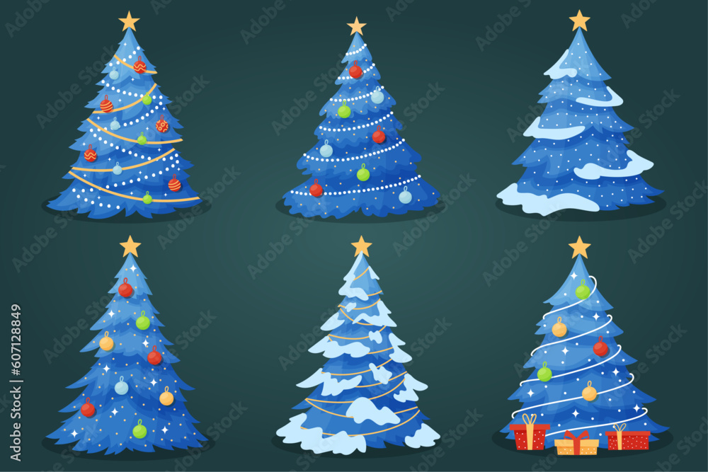 Set of blue Christmas trees, with snow, decorated Christmas trees, Christmas, vector illustration