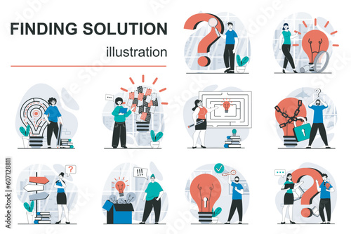 Finding solution concept with character situations mega set. Bundle of scenes people thinking questions and solving, brainstorming and creative mind process. Vector illustrations in flat web design
