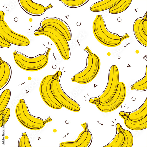 Vector seamless pattern. Bright summer pattern with hand drawn yellow bananas on white background. 