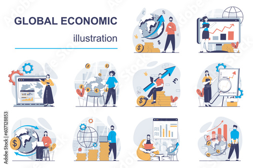 Global economic concept with character situations mega set. Bundle of scenes people analyzing worldwide market trends, making presentation, planning strategy. Vector illustrations in flat web design