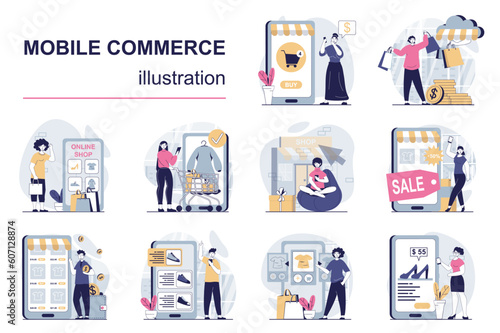 Mobile commerce concept with character situations mega set. Bundle of scenes people shopping and making internet payment using credit cards in application. Vector illustrations in flat web design
