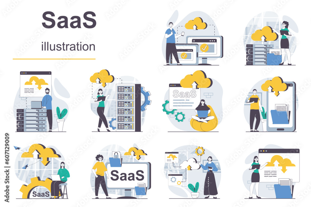 Saas Database SaaS concept with character situations mega set. Bundle of scenes ...
