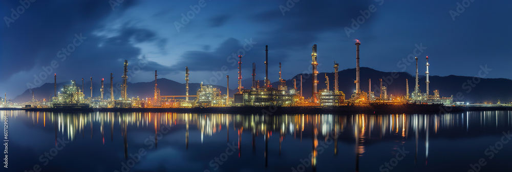 Industrial Oil and Gas Refinery Complex: Petrochemical Plant Twilight Aerial View. Engineering Technology Pipeline Infrastructure. Night Industrial Factory Construction for Power Energy. generative ai