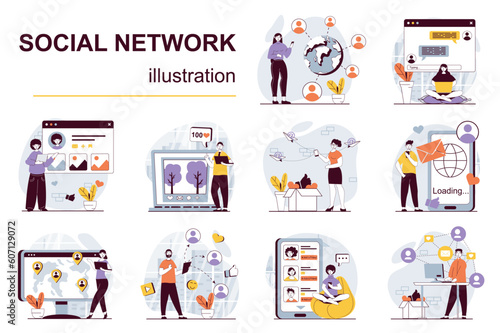 Social network concept with character situations mega set. Bundle of scenes people surfing in social media, chatting with friends, posting photo, sharing links. Vector illustrations in flat web design