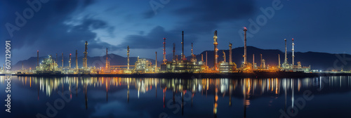 Industrial Oil and Gas Refinery Complex: Petrochemical Plant Twilight Aerial View. Engineering Technology Pipeline Infrastructure. Night Industrial Factory Construction for Power Energy. generative ai