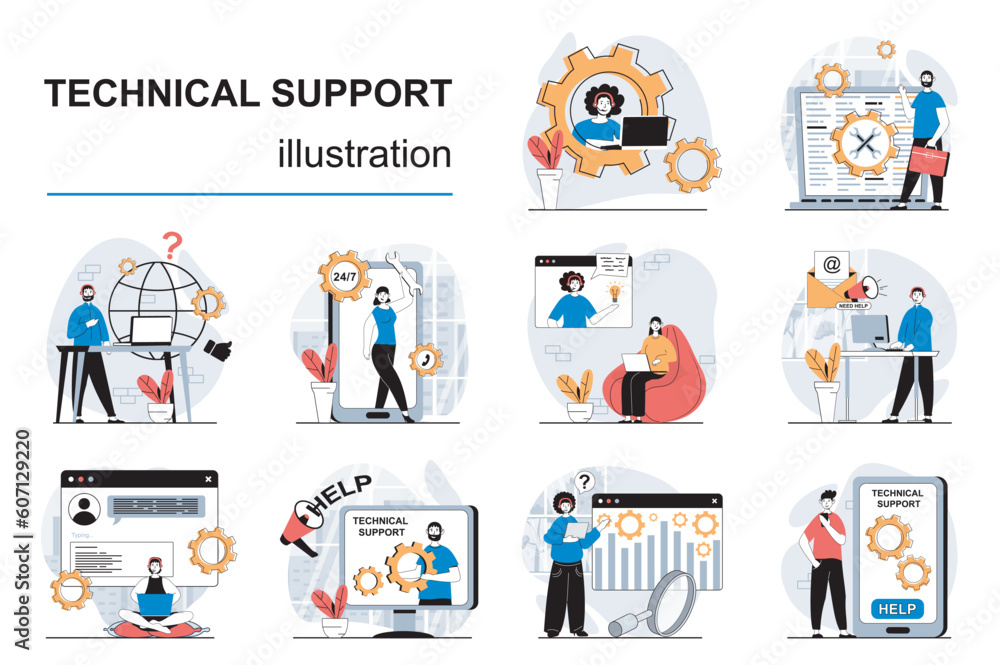 Technical support concept with character situations mega set. Bundle of scenes people consulting and helping clients, solving tech problems, answering calls. Vector illustrations in flat web design