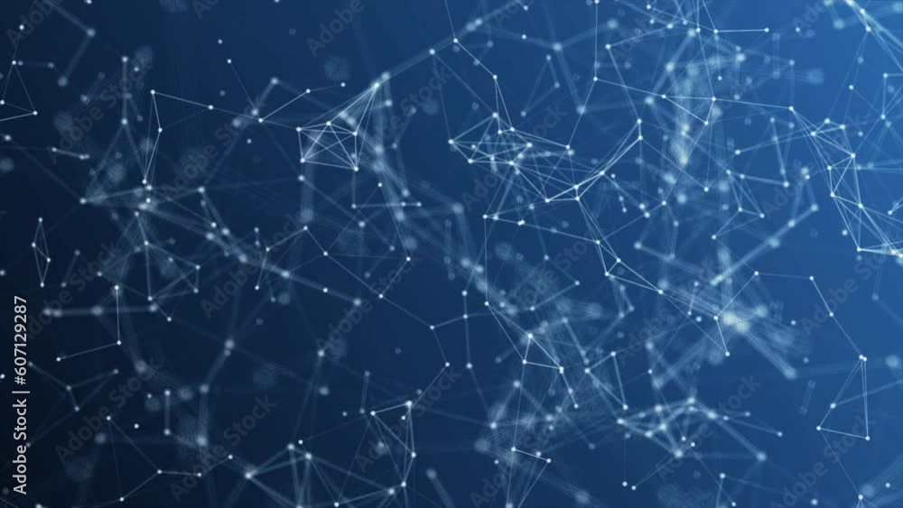 Dots and lines in the center blur in slow motion with a dark blue background, cybersecurity, and network wireframe technology background, polygons dot network connection