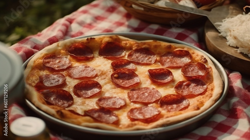 Delicious Pepperoni Pizza Delight: A Joyful Family Picnic in the Serene Setting of a Sunset Summer Park, outdoor recreation at the camping concept. generative ai