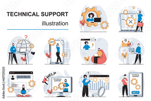 Technical support concept with character situations mega set. Bundle of scenes people consulting and helping clients, solving tech problems, answering calls. Vector illustrations in flat web design
