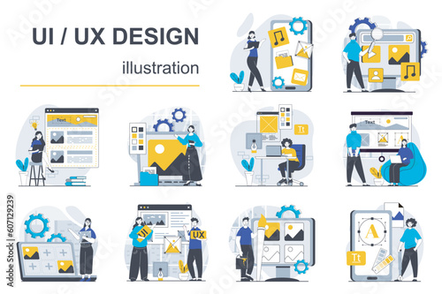 UI UX design concept with character situations mega set. Bundle of scenes people creating user interface layout for mobile phones and editing website templates. Vector illustrations in flat web design