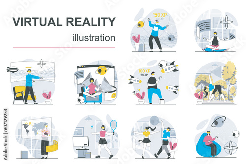 Virtual reality concept with character situations mega set. Bundle of scenes people in VR headset working, training, making research, learning in cyberspace. Vector illustrations in flat web design