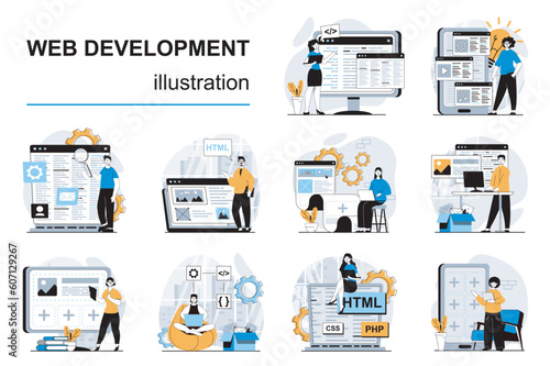 Web development concept with character situations mega set. Bundle of scenes people making websites layouts, placing elements and content, coding and testing. Vector illustrations in flat design