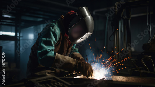 Welder at Work: Construction and Processing of Steel Components, Industrial Metalworking with Sparks and Protective Gear, Professional Welder Crafting Metal Profiles with Torch and Protective Helmet