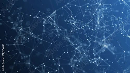 Dots and lines in the center blur in slow motion with a dark blue background, cybersecurity, and network wireframe technology background, polygons dot network connection