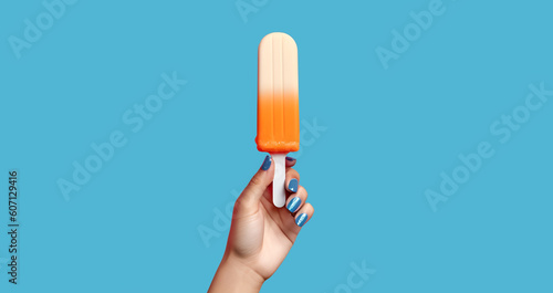 Mano agarrando helado. Paleta de hielo. Polo. Fondo azul. Aesthetic. Generado con IA.