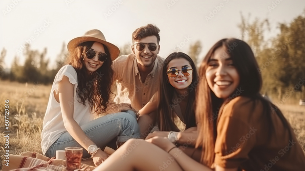 Fototapeta premium Joyful Multiracial Best Friends Group Enjoying a Picnic in the Park. Smiling, Laughing Together on a Blanket with Fruits. Friends Having Fun Outdoors on a Sunny Day Picnic Outdoors. generative ai