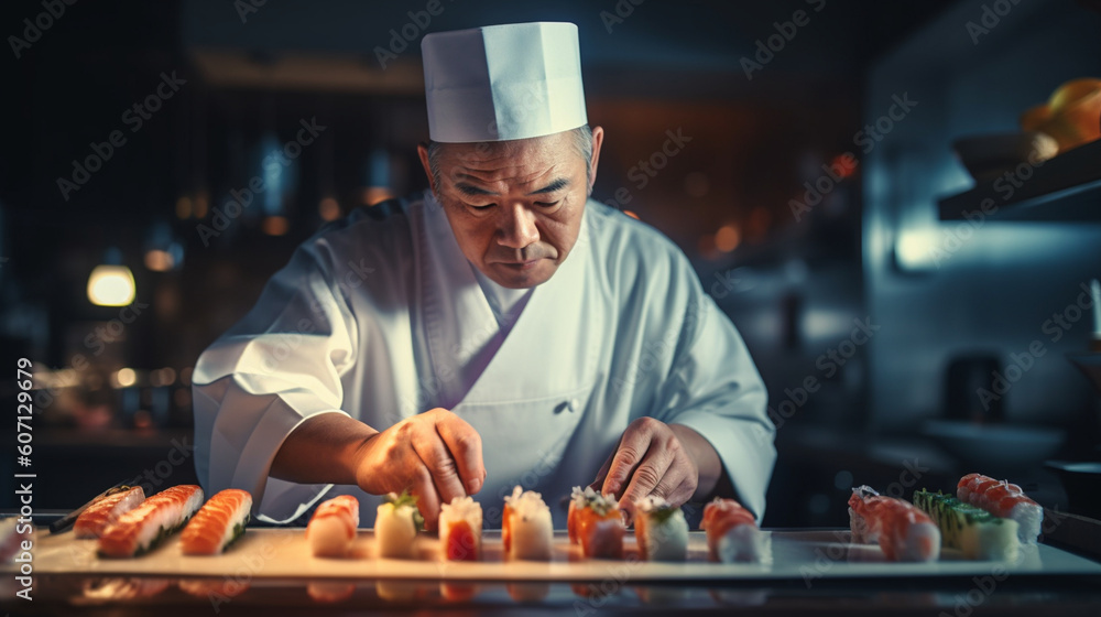 The chef prepares sushi, rolls in the restaurant. Generative AI The chef prepares sushi, rolls in the restaurant. Generative AI