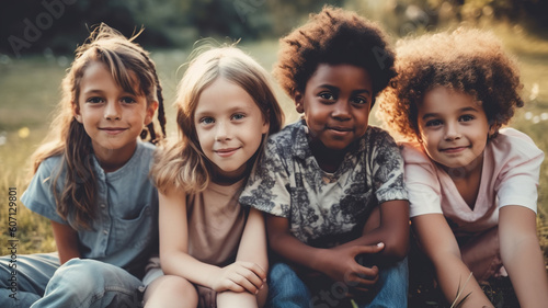 Happy kids playing outside and having fun together in summertime, a group of joyful smiling friends sitting in green park and hugging each other. Children and friendship concept. generative ai