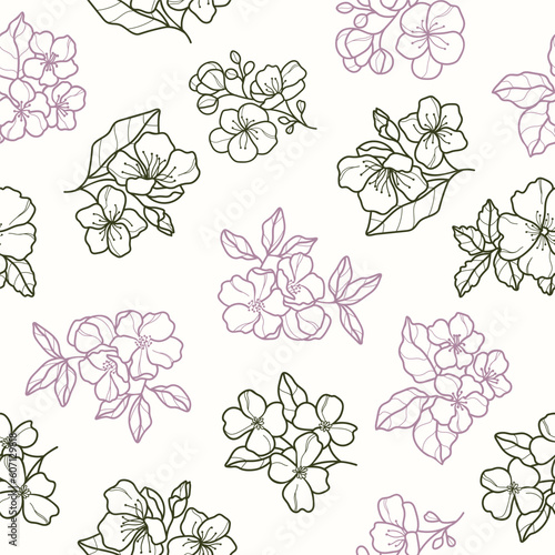 Line art flowering trees seamless pattern 