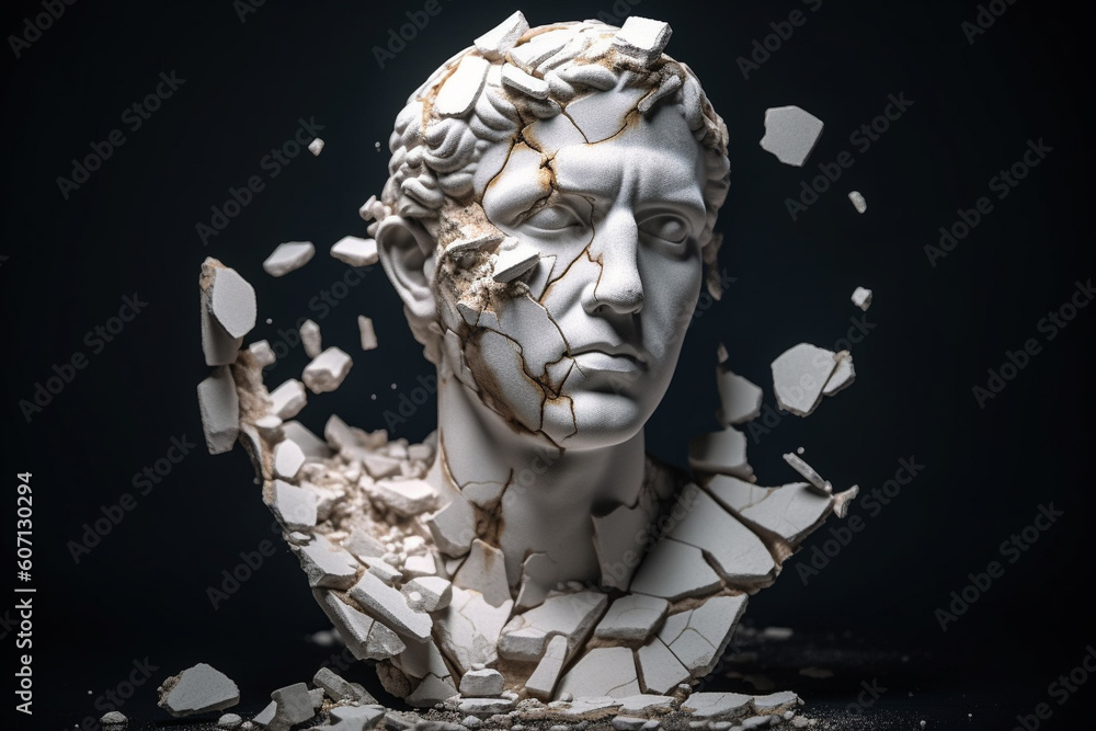 Broken ancient greek statue head falling in pieces. Broken marble