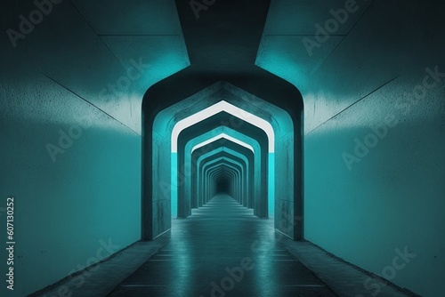 Futuristic underground corridor with colorful lights Generative AI