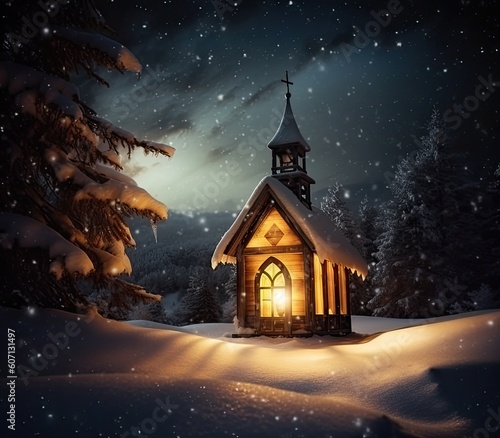 Christmas candle Lantern in winter garden, snowy evening landscape. christmas holiday background. atmosphere festive winter still life created with Generative AI technology