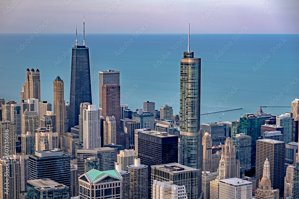 Chicago city skyscrapers aerial view, blue sky background. Skydeck observation deck
