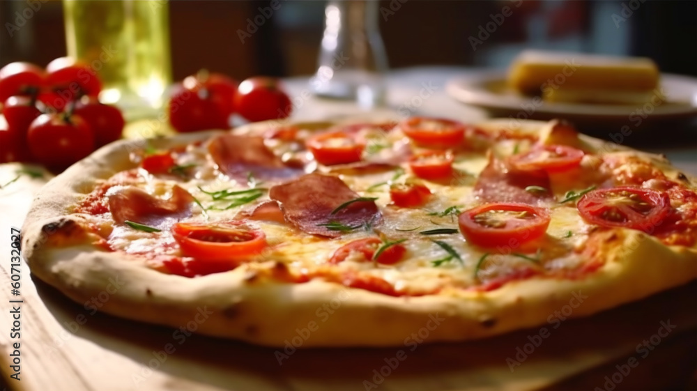 Traditional italian pizza with tomato, ham, cheese, mozzarella, restaurant kitchen concept