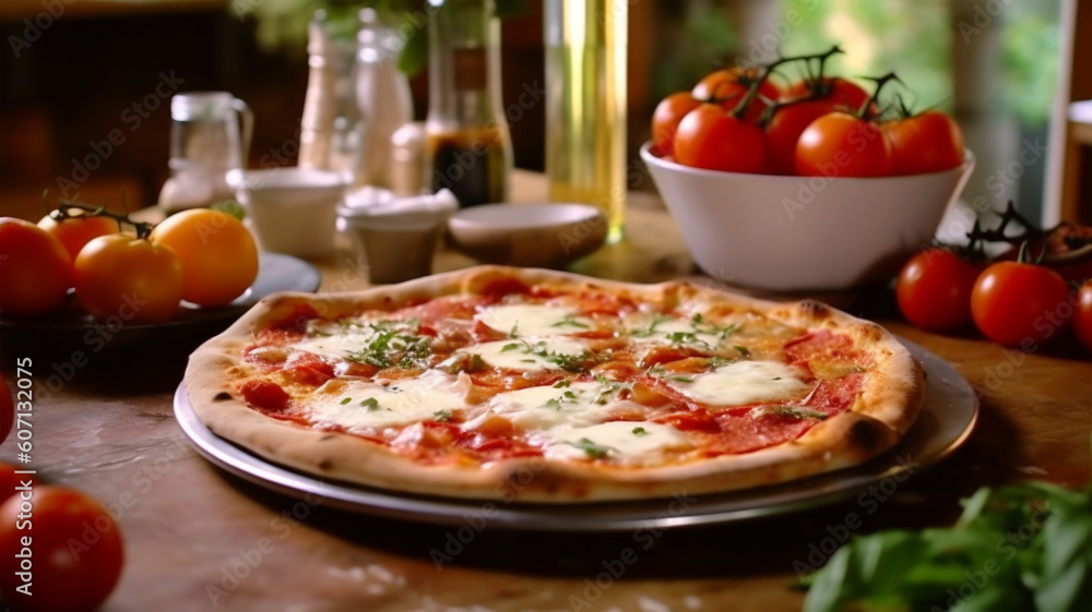 Traditional italian pizza with tomato, ham, cheese, mozzarella, restaurant kitchen concept