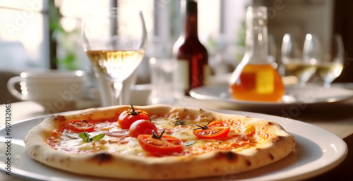 Traditional italian pizza with tomato, ham, cheese, mozzarella, restaurant kitchen concept