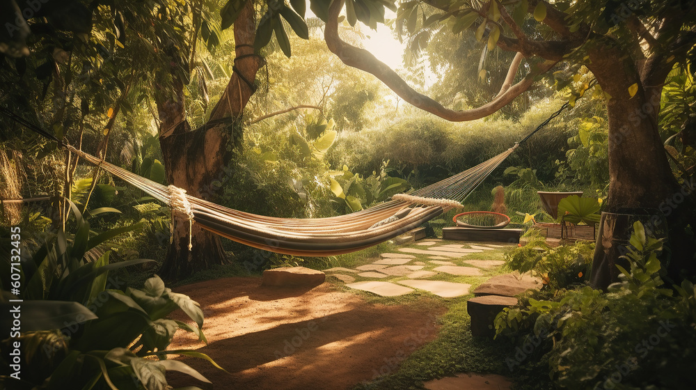 ai generated A hammock under a tree in a beautiful sunny day