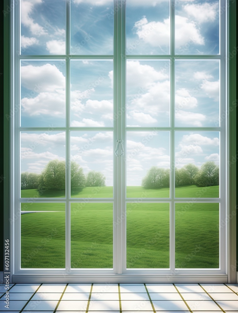 Modern residential window and trees and sky behind created with Generative AI technology Modern residential window and trees and sky behind created with Generative AI technology
