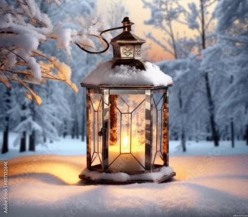 Christmas candle Lantern in winter garden, snowy evening landscape. christmas holiday background. atmosphere festive winter still life created with Generative AI technology © lililia