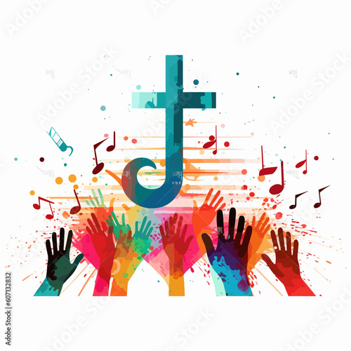 Colorful christian cross music notes hands vector illustration