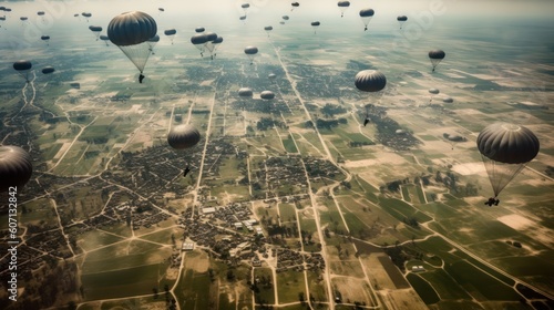 Visualize a thrilling airborne assault, with paratroopers descending from the sky, aircraft soaring overhead, and a chaotic battlefield unfolding below photo