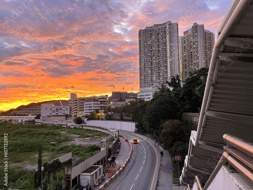 city skyline at sunset in Yau Tong, Hong Kong