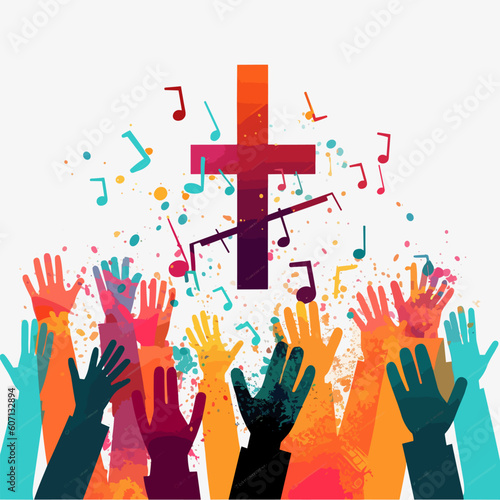 Colorful christian cross music notes hands vector illustration
