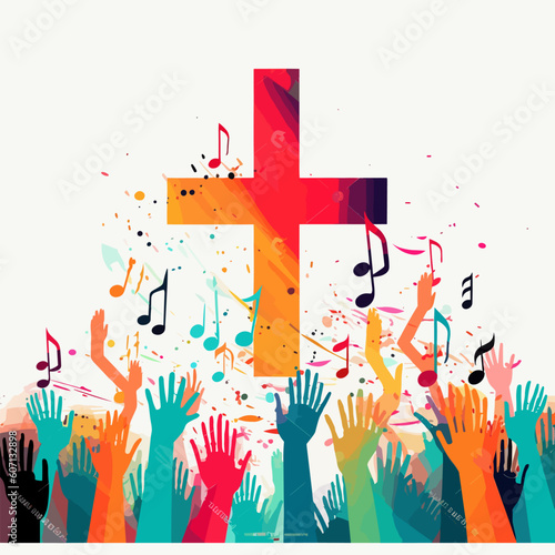 Colorful christian cross music notes hands vector illustration