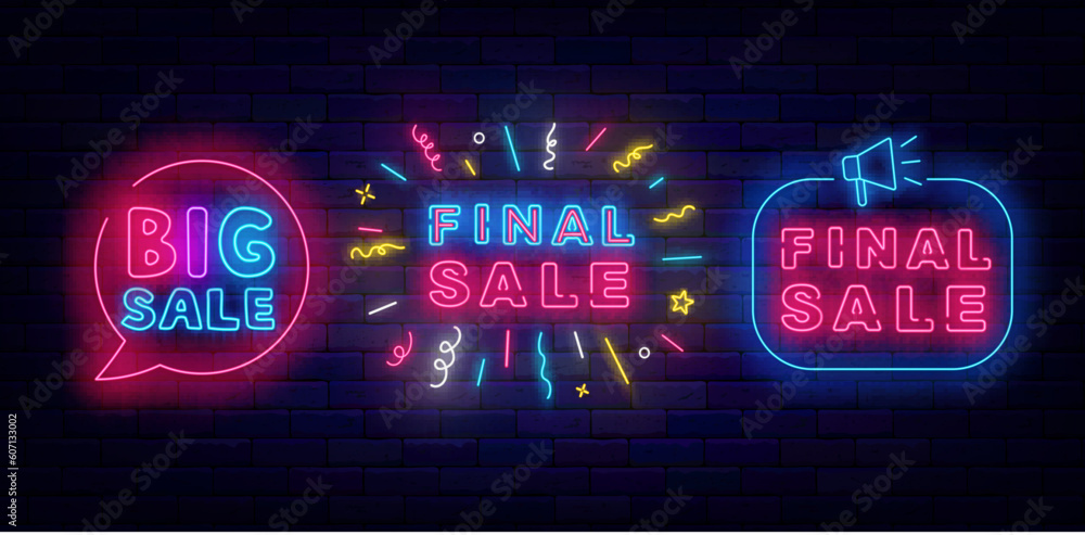 Final Sale neon emblems collection. Big sale. Confetti frame. Extra discount shopping. Vector stock illustration