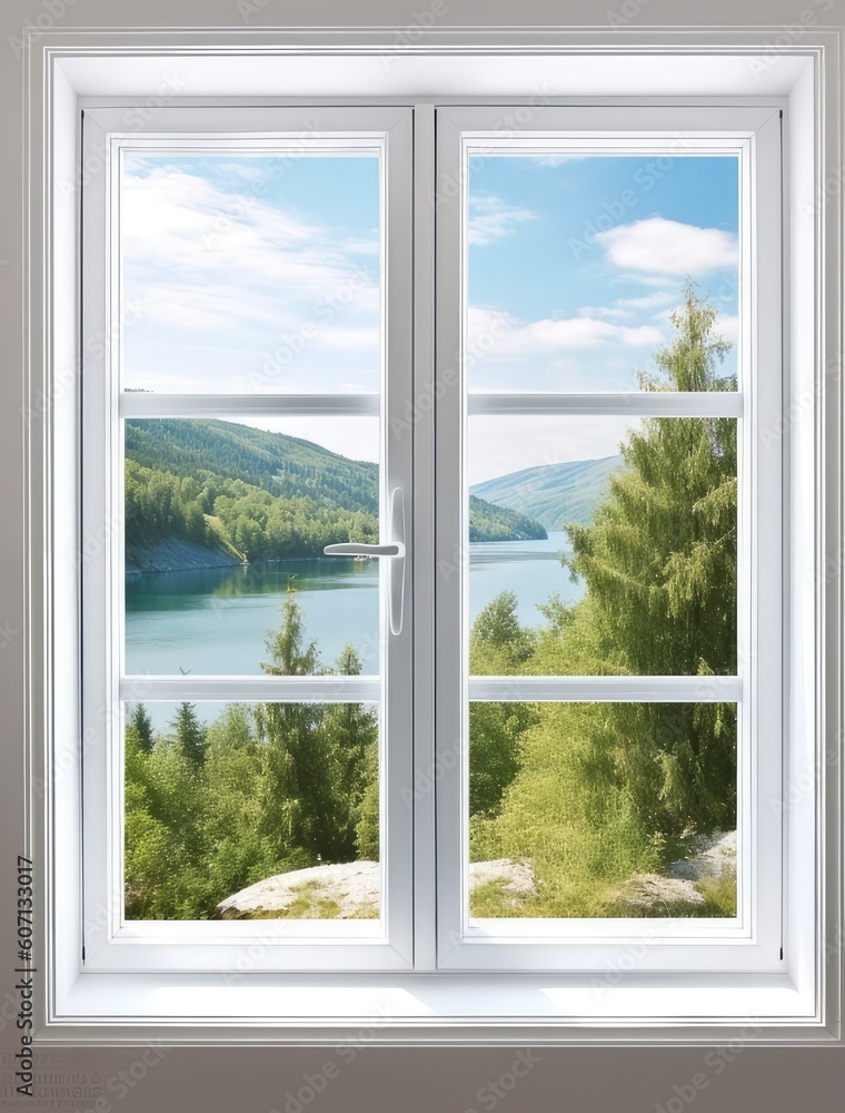 Modern residential window and trees and sky behind created with Generative AI technology Modern residential window and trees and sky behind created with Generative AI technology