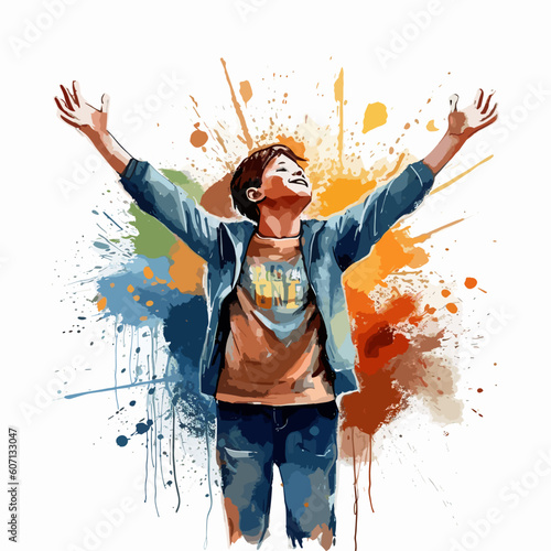 boy worship arms open flat vector illustration