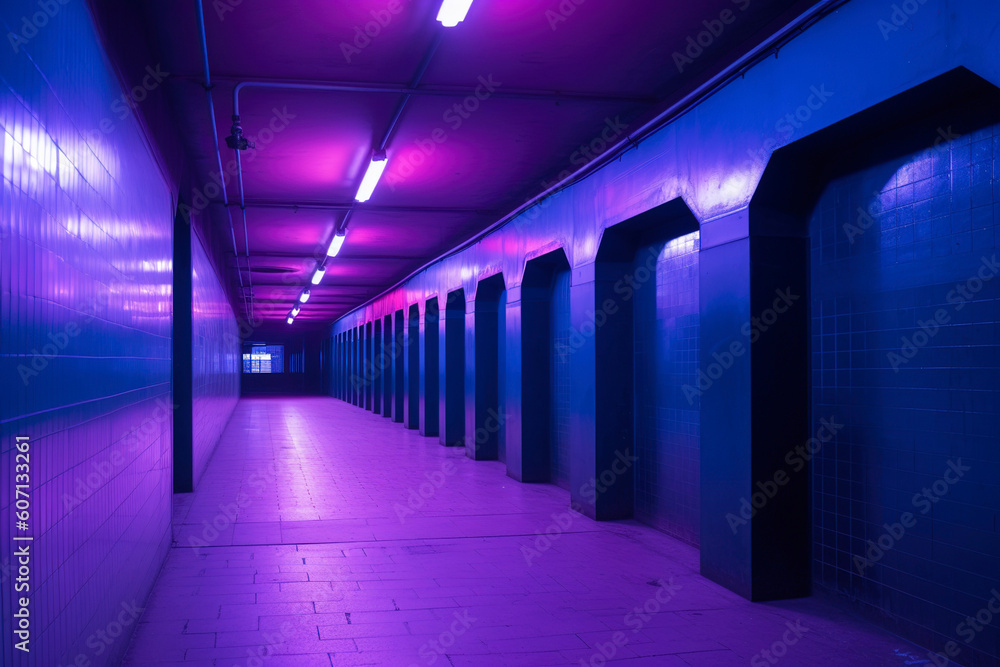 Underground tunnel, enhanced with neon lights.