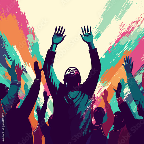 hands raised worship singing looking flat vector illustration