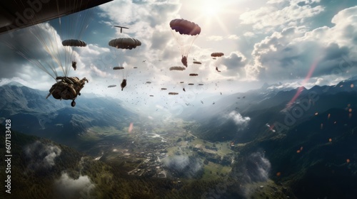 Visualize a thrilling airborne assault, with paratroopers descending from the sky, aircraft soaring overhead, and a chaotic battlefield unfolding below