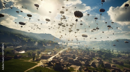 Visualize a thrilling airborne assault  with paratroopers descending from the sky  aircraft soaring overhead  and a chaotic battlefield unfolding below